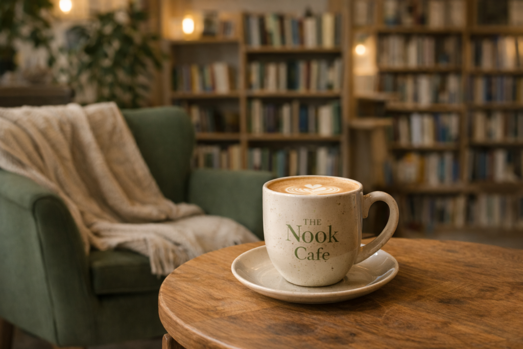 kahvikuppi, missä lukee ''The Nook Cafe'' pöydän päällä. Taustalle on sohva ja kirjahylly.