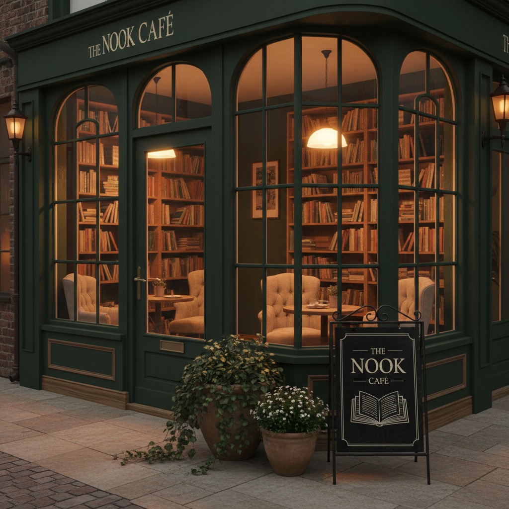 Kahvila ulkootapäin kuvattu. Lämmin, vihertävä ja kutsuva viba. Kyltti, missä lukee The NOOK Cafe ja auki oleva kirja piirretty